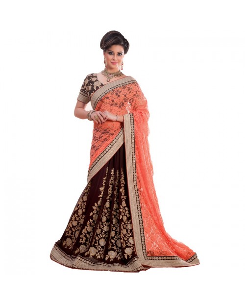 KITESHOP Georgette Lace Border Brown Designer Lehenga Saree